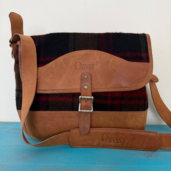 Vintage ORVIS Red Plaid Wool & Brown Leather Men's Crossbody Messenger Bag - Picture 5 of 12